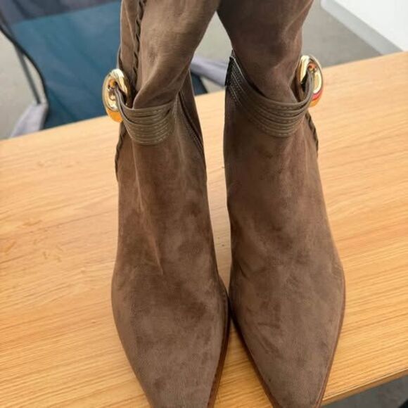 Taupe Suede Boots w Gold Buckle Detail - Picture 4 of 5